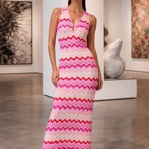 Torn By Ronny Kobo Pink Knit Chevron Sleeveless Pullover Maxi Dress L